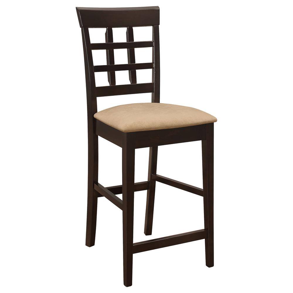 Cappuccino Wood Grid Back Bar Stools with Cream Cushions, Set of 2