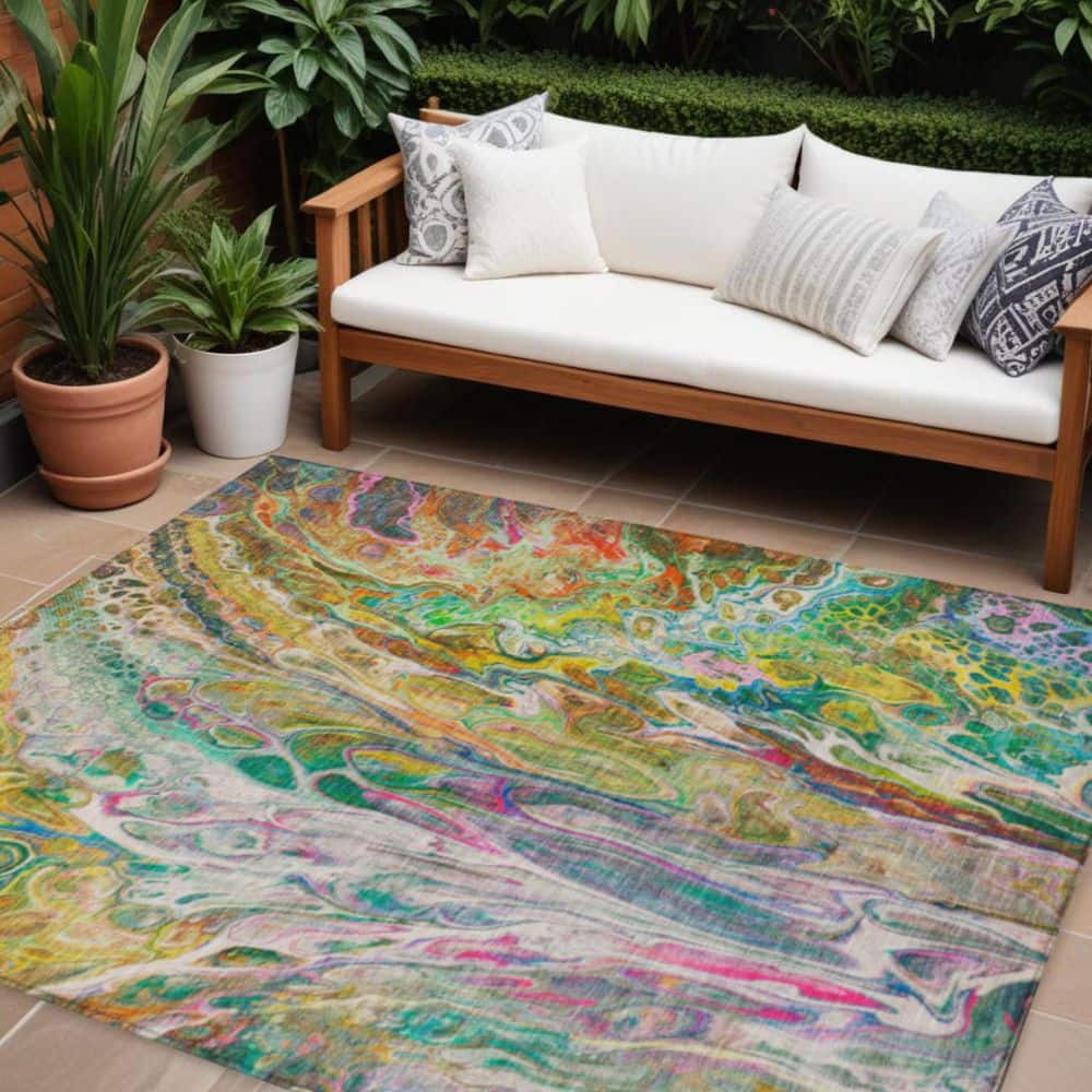 Green, Gold, White 8 ft. x 10 ft. Woven Abstract Polyester Rectangle Indoor/Outdoor Area Rug price history on PriceWatchPro