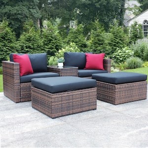 5-Piece Wicker Patio Conversation Set with Black Cushions and Cover