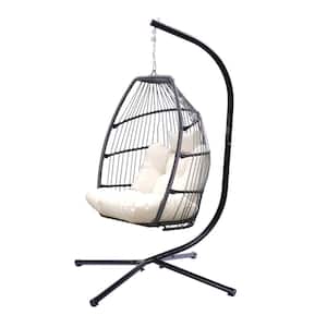 Outdoor Patio Wicker Folding Hanging Chair, with C Type Bracket, with Cushion and Pillow, Light Beige Durable