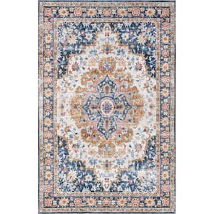 Emi Traditional Spill-Proof Machine Washable Blue Multi 4 ft. x 6 ft. Area Rug