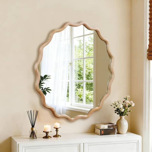 36 in. W x 36 in. H Wavy Round Solid Wood Framed Bathroom Mirror Wall Mirror in Natural Wood Brown