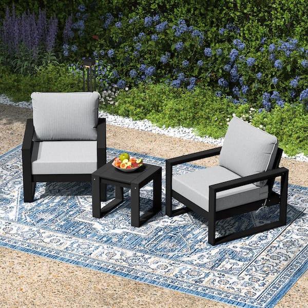 Endless Outdoor 3-Piece Black HDPE Plastic Deep Seating Patio Lounge Chair Conversation Set, Light Gray Cushions
