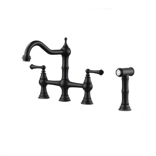 Double Handle Bridge Kitchen Sink Faucet with Side Sprayer in Black