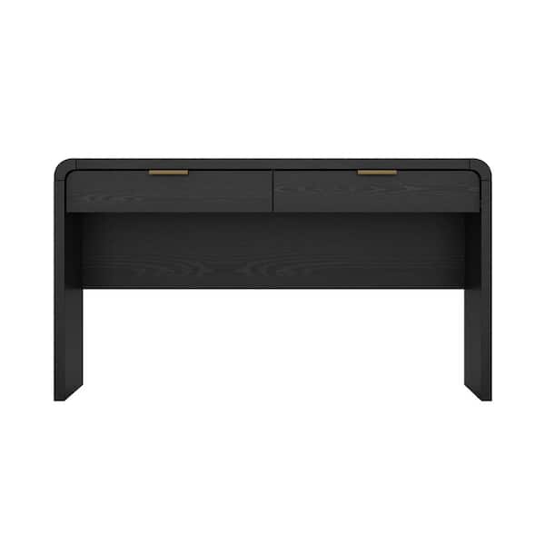 Grace 54 in. Modern Rectangular Black 2-Drawer Writing Desk with Rounded Edges and Gold Handles