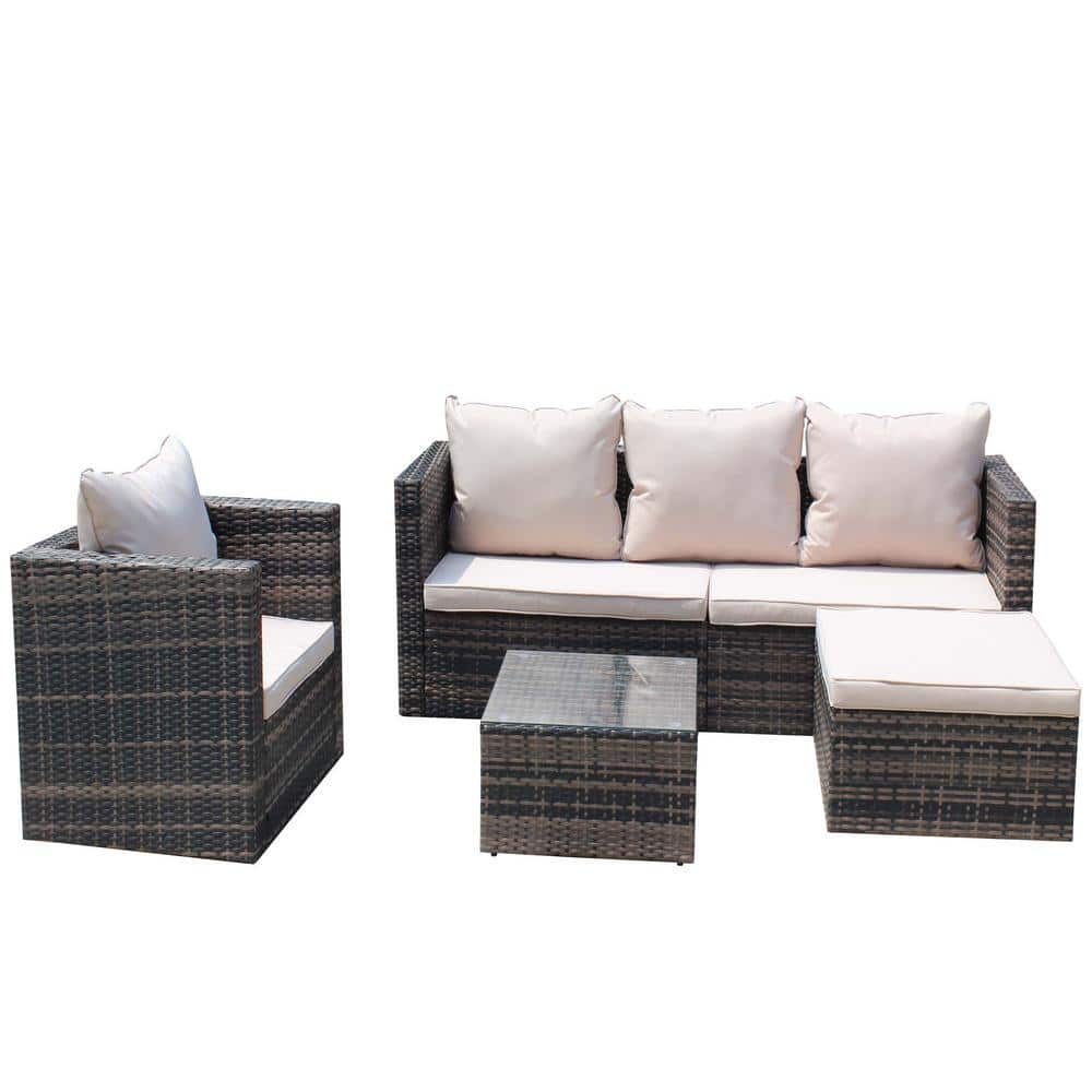 Sudzendf Brown 4-Piece Wicker Patio Conversation Set with Beige ...