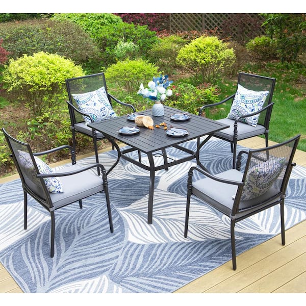 PHI VILLA Black 5-Piece Metal Patio Outdoor Dining Sets with Slat Square Table and Gourd-Shaped Metal Chairs with Gray Cushions
