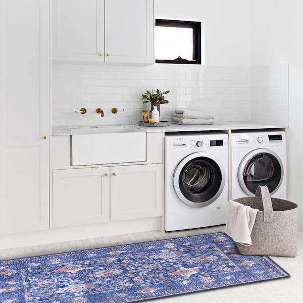 Blue 2 ft. x 7 ft. Stain Free Floral Washable Indoor Area Rug