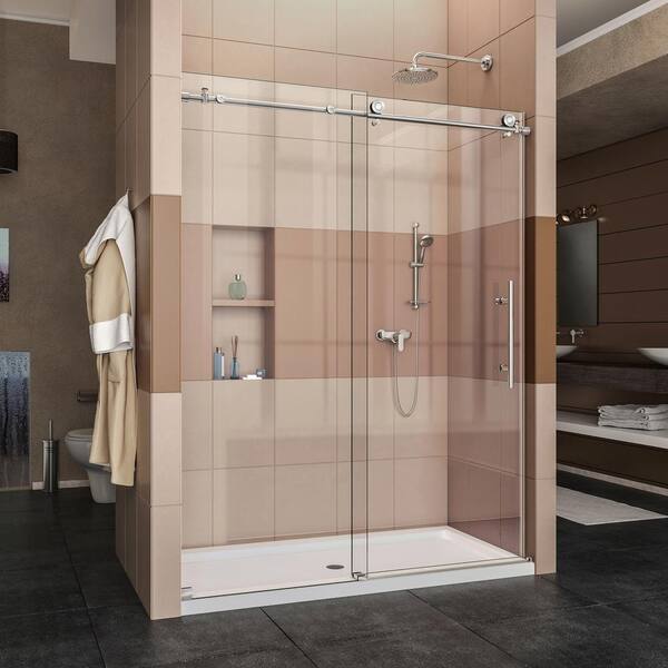 DreamLine Enigma-X 30 in. x 60 in. x 78.75 in. Frameless Sliding Shower Door in Polished Stainless Steel and Right Drain Base