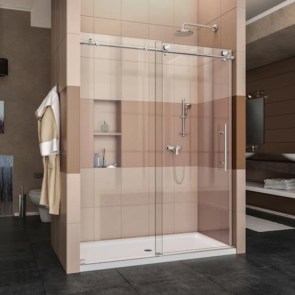 DreamLine Enigma-X 36 in. x 60 in. x 78.75 in. Frameless Sliding Shower Door in Polished Stainless Steel with Left Drain Base