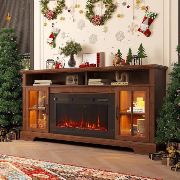 70 in. Freestanding Floor Wooden Surround Electric Fireplace TV Stand 36 in. Walnut Brown