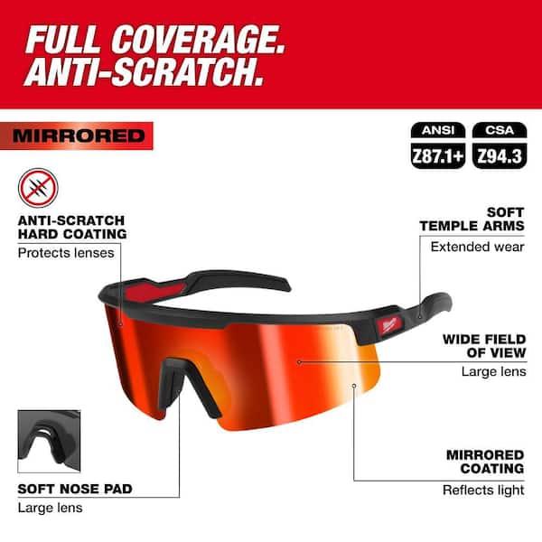 Milwaukee Wrap Around Safety Glasses-Red Mirrored Anti-Scratch