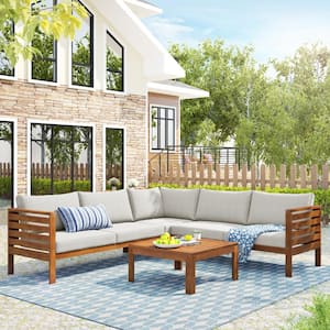 Brown Wood Outdoor Sofa Sectional Set with Beige Cushions Water-Resistant and UV Protected Texture