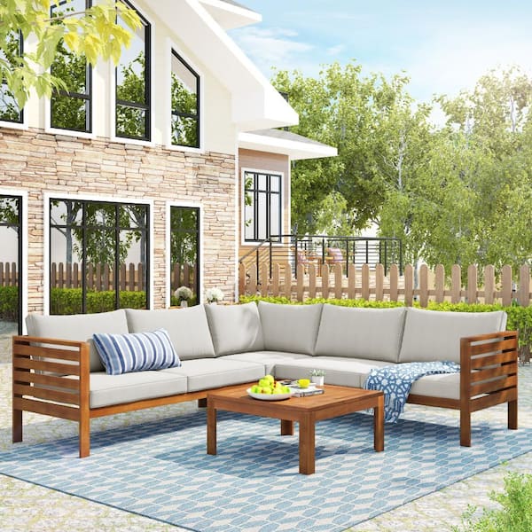 ITOPFOX Brown Wood Outdoor Sofa Sectional Set with Beige Cushions Water-Resistant and UV Protected Texture