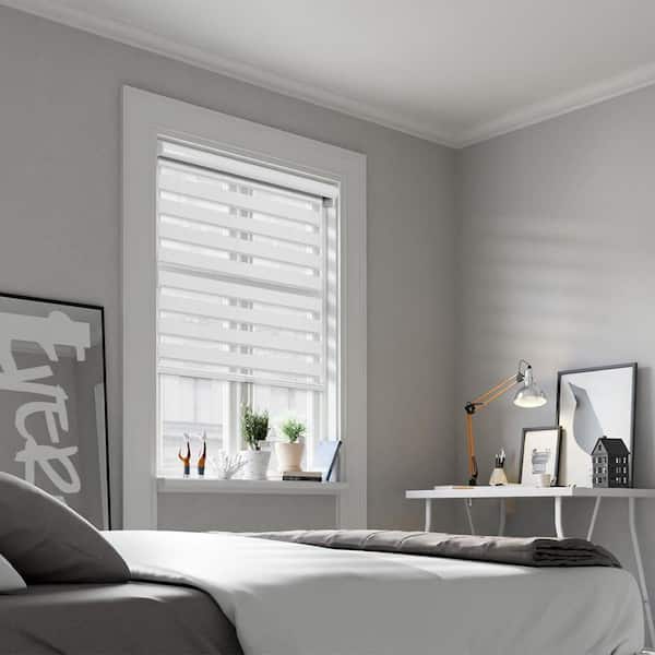 Cut-to-Size Pure White Cordless Light Filtering Dual Layer Privacy Polyester Zebra Roller Shade 35 in. W x 72 in. L