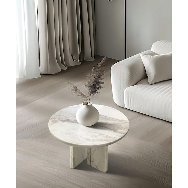 Fiszel 17.7 in. White Round Marble Stone End Table, Natural Stone