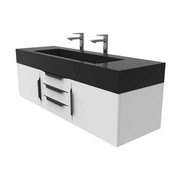 castellousa Nile 60 in. W x 19 in. D x 20 in. H Bath Vanity in Matte White with Black Trim and Black Solid Surface Top