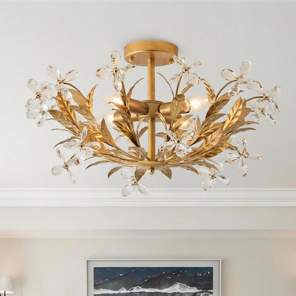 24 in. 4-Light Bowl Brushed Gold Semi-Flush Mount Ceiling Light with Crystal Butterfly Accents for Dining Room