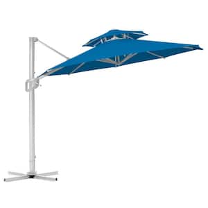 12 ft. 2-Tier Aluminum Round Cantilever Offset Umbrella Patio Umbrella 360 Rotation and Pole Cross Base in Royal Blue