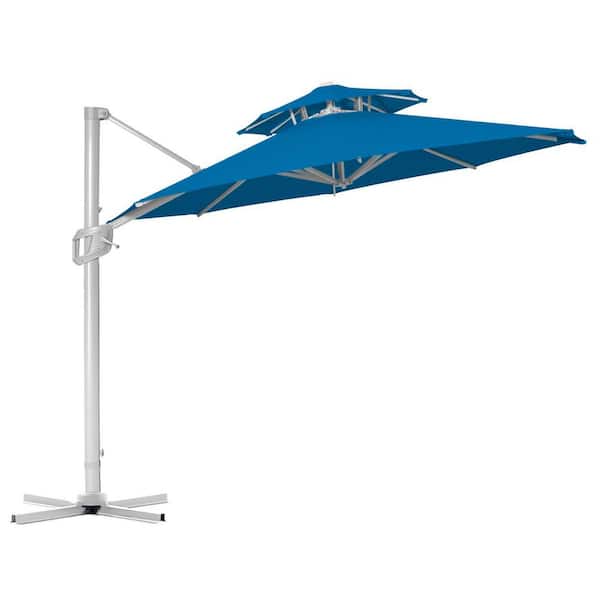 PASAMIC 12 ft. 2-Tier Aluminum Round Cantilever Offset Umbrella Patio Umbrella 360 Rotation and Pole Cross Base in Royal Blue