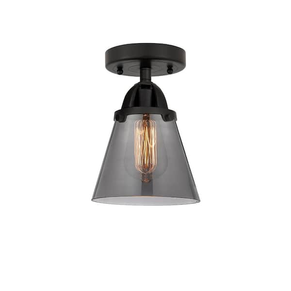 Innovations Cone 6.25 in. 1-Light Matte Black Industrial Semi-Flush Mount with Smoked Glass Shade