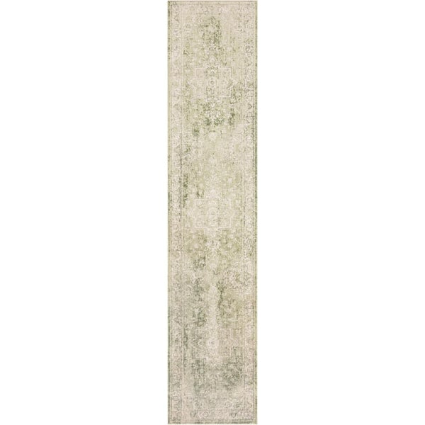Astra Machine Washable Ivory Green 2 ft. x 8 ft. Center medallion Traditional Runner Area Rug