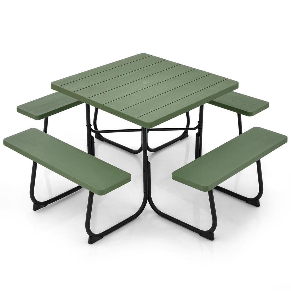 WELLFOR 67 in. Green Rectangle HDPE Picnic Table Seats 8 People with ...