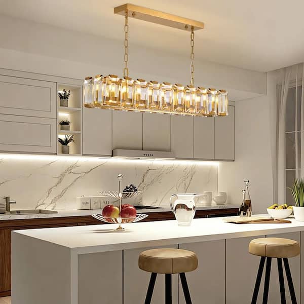 40 in. Modern 20-Light Gold Crystal Linear Chandelier for Kitchen, Living Room, and Dining Room (Bulbs Not Included)