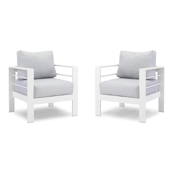 Zeus & Ruta 2-Piece White Aluminum Small Comfy Outdoor Couch with Light Gray Cushions for Poolside, Balcony