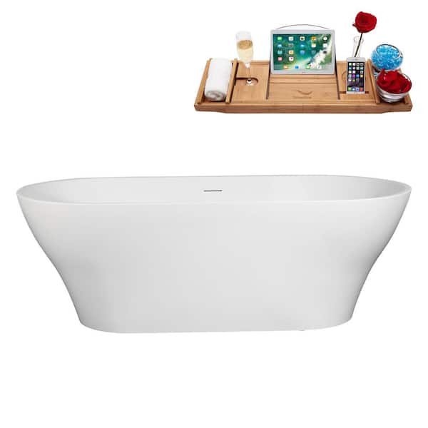 Streamline 67 in. x 32 in. Acrylic Freestanding Soaking Bathtub in Glossy White With Matte Oil Rubbed Bronze Drain, Bamboo Tray