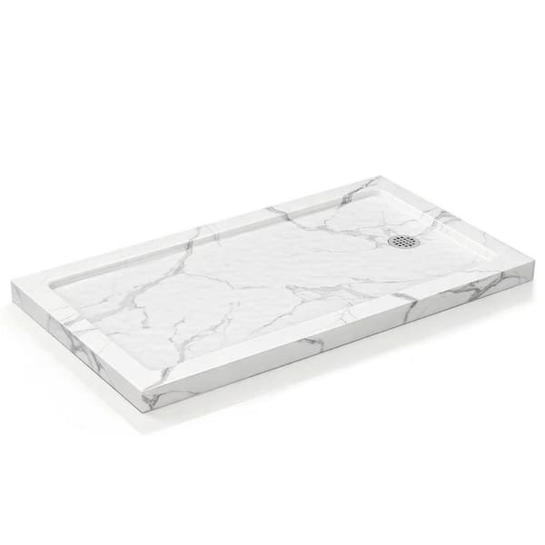 54 in. L x 32 in. W Single/Double Threshold Alcove Shower Pan Base with Left/Right Drain and Flange Kit in Carrara White