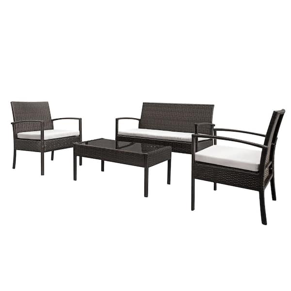 Karl home Brown 4-Piece Wicker Patio Conversation Set with White Cushions