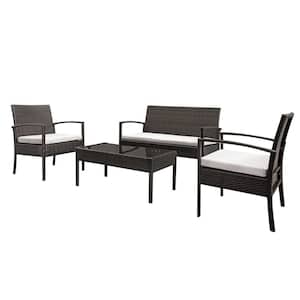 Brown 4-Piece Wicker Patio Conversation Set with White Cushions