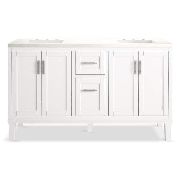 Chesil 60in. Double Sink Freestanding White Bath Vanity with Bianco Bella Quartz Top Assembled