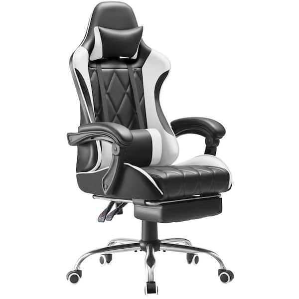 Leather Footrest and Lumbar Support Gaming Chair, Office Recliner Computer Chair with Swivel Seat in White