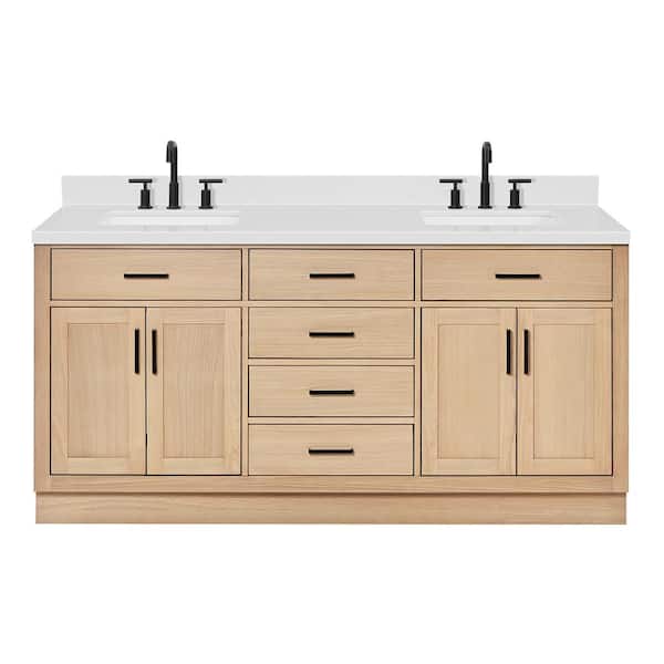 Hepburn 72 in. Double Sink Freestanding Bathroom Vanity in Oak with Carrara White Quartz Top
