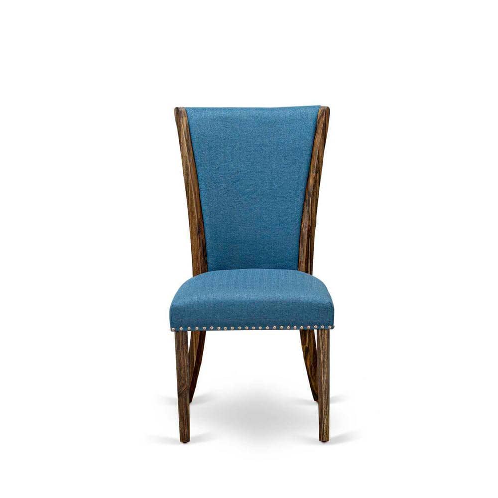 Distressed Jacobean Finish Round Dining Table with 6 Blue Linen Chairs