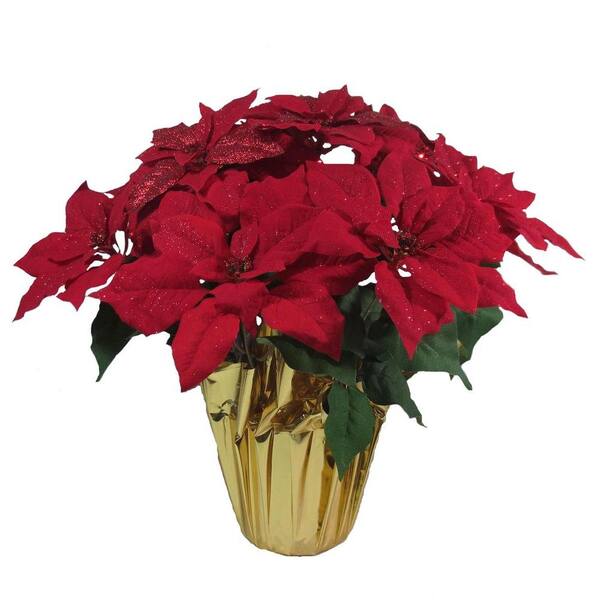Home Accents Holiday 21 in. Red Glittered Silk Poinsettia Arrangement