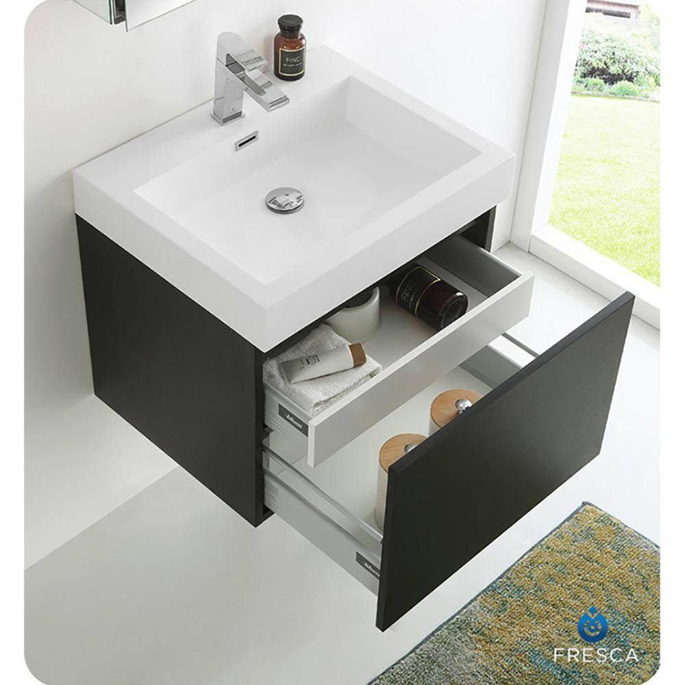 Sleek 23" Black MDF Wall-Mount Bathroom Vanity with Acrylic Top