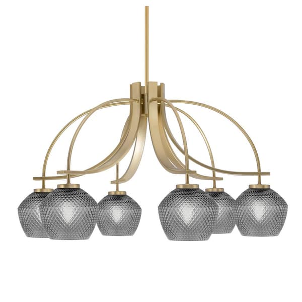 Unbranded Olympia 18 in. 6-Light New Age Brass Downlight Chandelier Smoke Textured Glass Shade