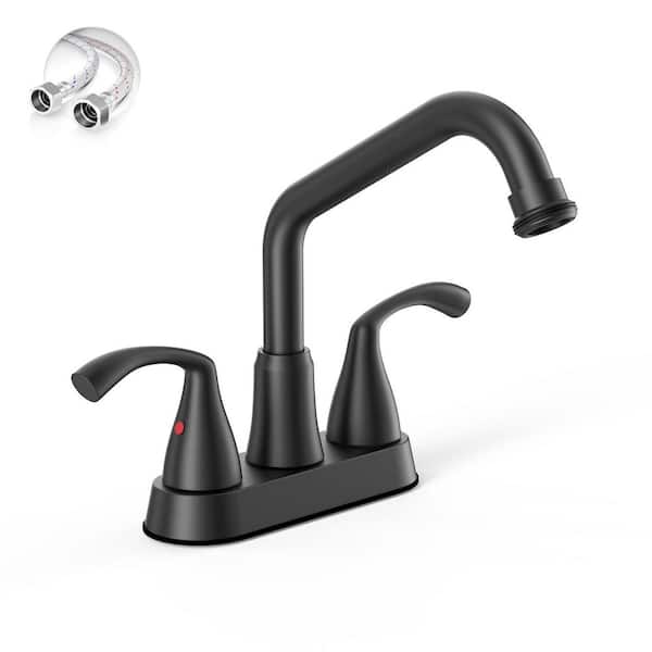 Long Spout Laundry Utility Sink Faucet Swivel Spout Matte Black with Garden House Threaded End, 4 Inch Centerset
