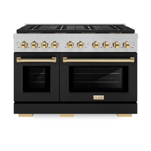 Autograph 48 in. 6.7 cu. ft. Paramount Dual Fuel Range with 8-Burner Cooktop and Dual Ovens in Satin with Black and Gold