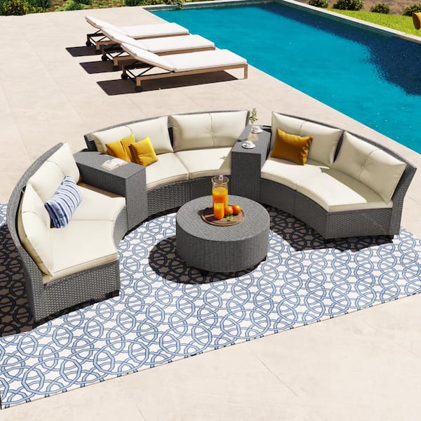 Harper & Bright Designs Gray 9-Piece Fan-Shaped Wicker Outdoor Sectional Set with Beige Cushions