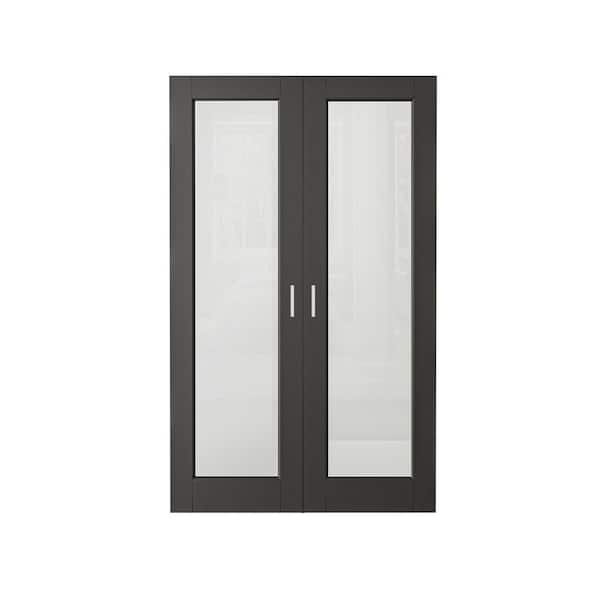 48 in. x 80 in. (Double 24 in. ) 1-Lite Frosted Glass Black Solid Core Wood French Doors Interior Door Slab+ Ball Catch