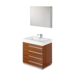 Livello 30 in. Vanity in Teak with Acrylic Vanity Top in White with White Basin and Mirrored Medicine Cabinet