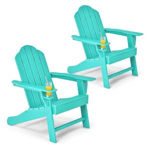 Turquoise Plastic Patio Adirondack Chair Weather-Resistant Garden Deck with Cup Holder (2-Pieces)