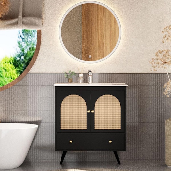 30 in. Freestanding Black Bath Vanity with White Ceramic Top Unassembled, Open-Front Boho Design for Farmhouse