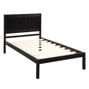 Twin Size Espresso Platform Bed Frame with Headboard, Wood Platform Bed, Wood Slat Support, No Box Spring Needed