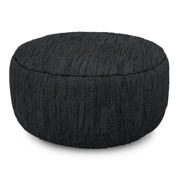 Fredrik Black Genuine Woven Leather Round 30 in. Boho Pouf, Assembled