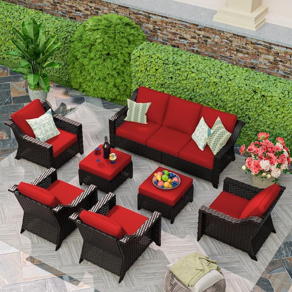 Brown Wicker 7-Piece Rattan Wicker Patio Conversation Set Garden Lawn Furniture with Red Cushions